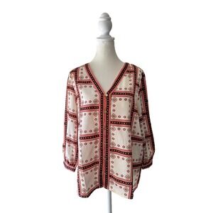 LOFT Womens Medium Cream Block Print Button Up V-Neck Workwear Casual Blouse Top